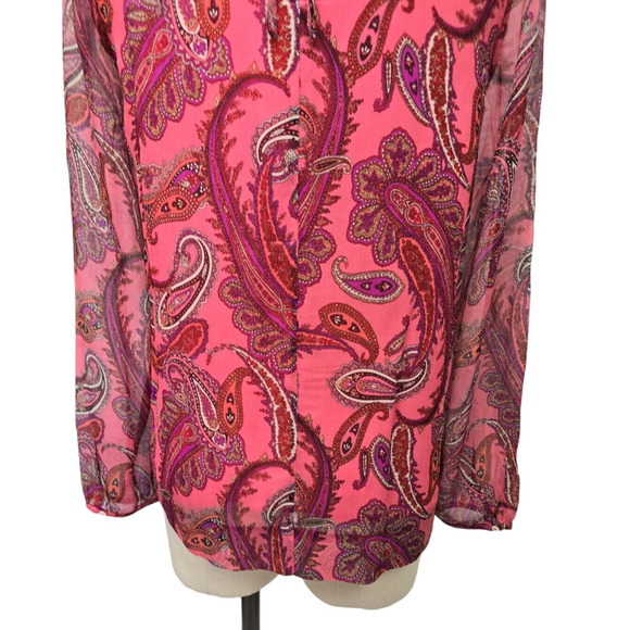 J. Crew Ruffle-Front Silk Chiffon Top‎ Vibrant Paisley Pink Womens Size 6 - Picture 8 of 11